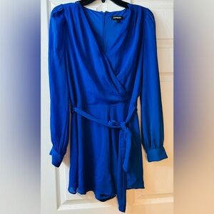 Express Cobalt Blue Long Sleeve Wrap Dress with Tie